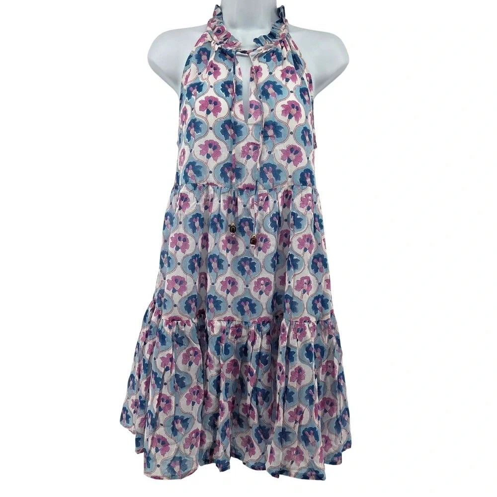 Oliphant Sleeveless Tiered Mini Dress Iris Blue Floral Halter L Boho Summer - Picture 2 of 10